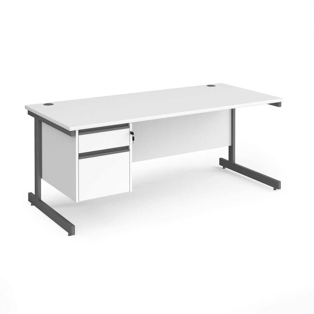 Picture of Contract 25 straight desk with 2 drawer pedestal and graphite cantilever leg 1800mm x 800mm - white top