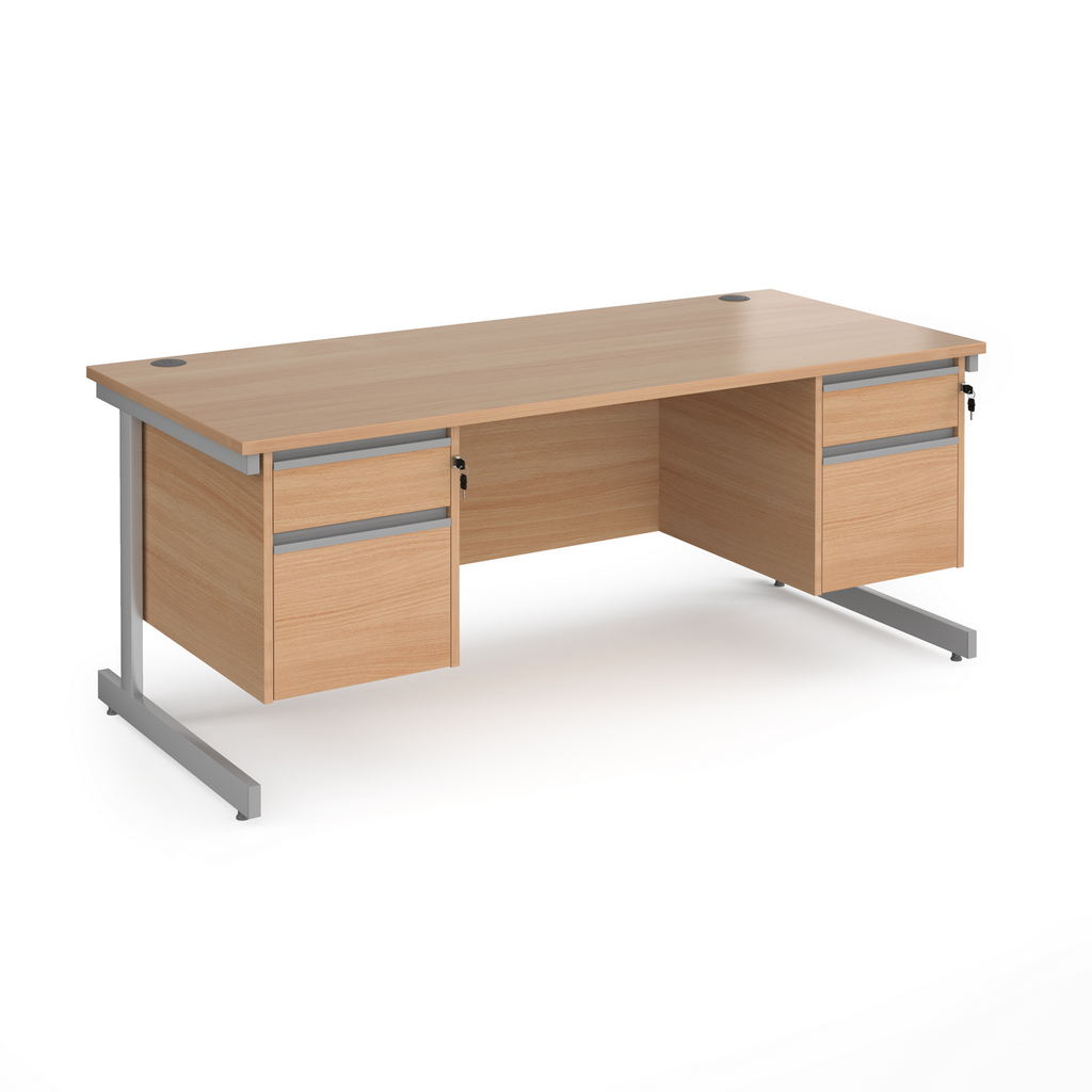 Picture of Contract 25 straight desk with 2 and 2 drawer pedestals and silver cantilever leg 1800mm x 800mm - beech top