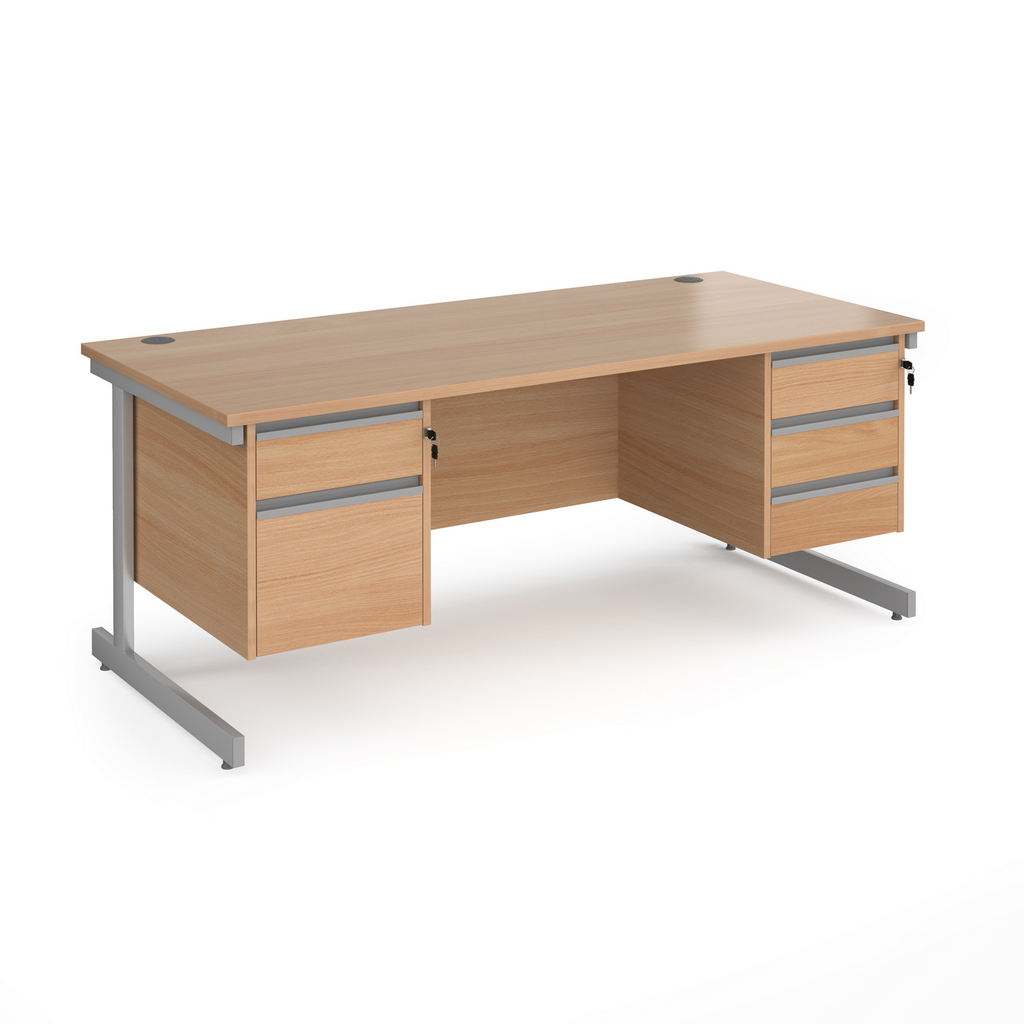 Picture of Contract 25 straight desk with 2 and 3 drawer pedestals and silver cantilever leg 1800mm x 800mm - beech top