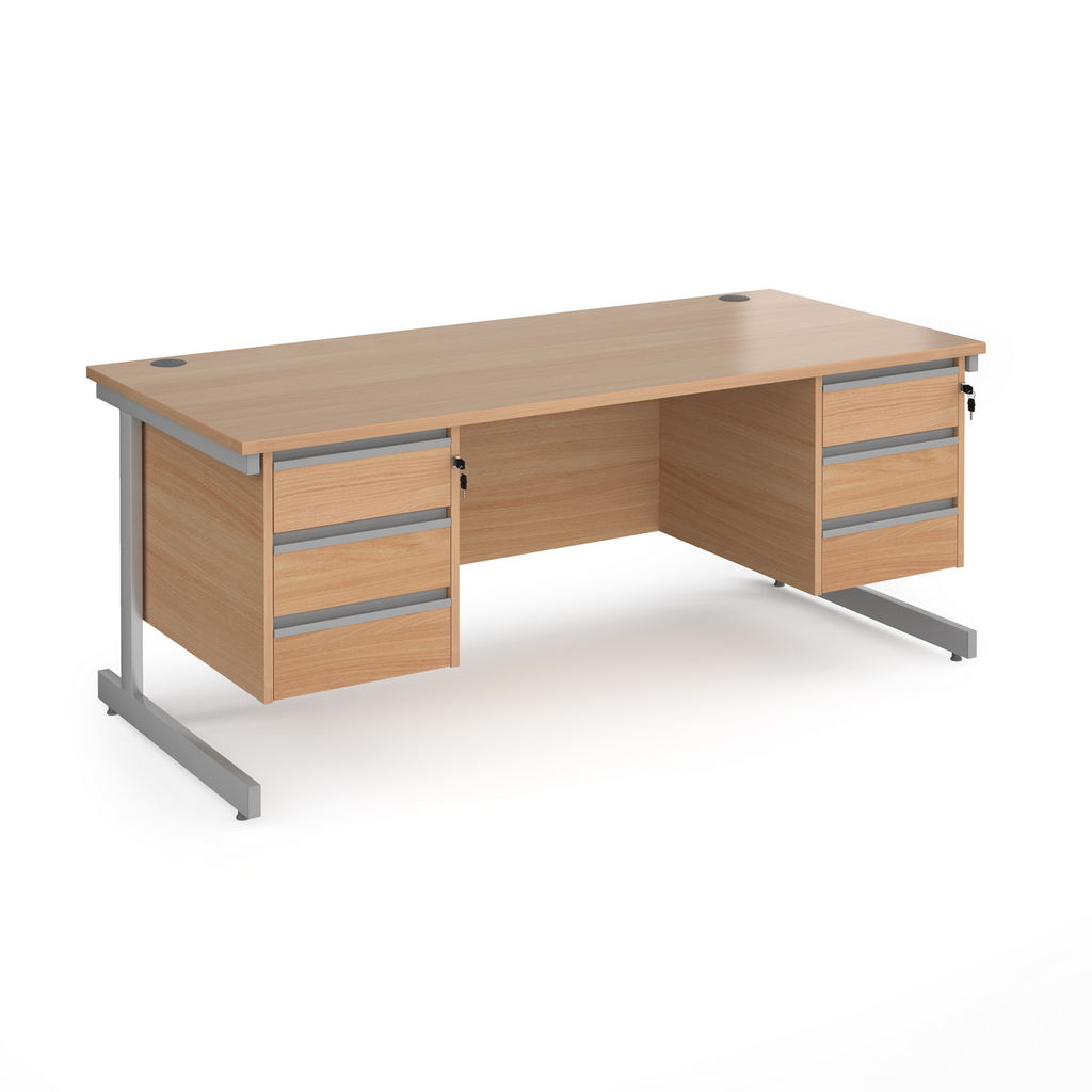 Picture of Contract 25 straight desk with 3 and 3 drawer pedestals and silver cantilever leg 1800mm x 800mm - beech top