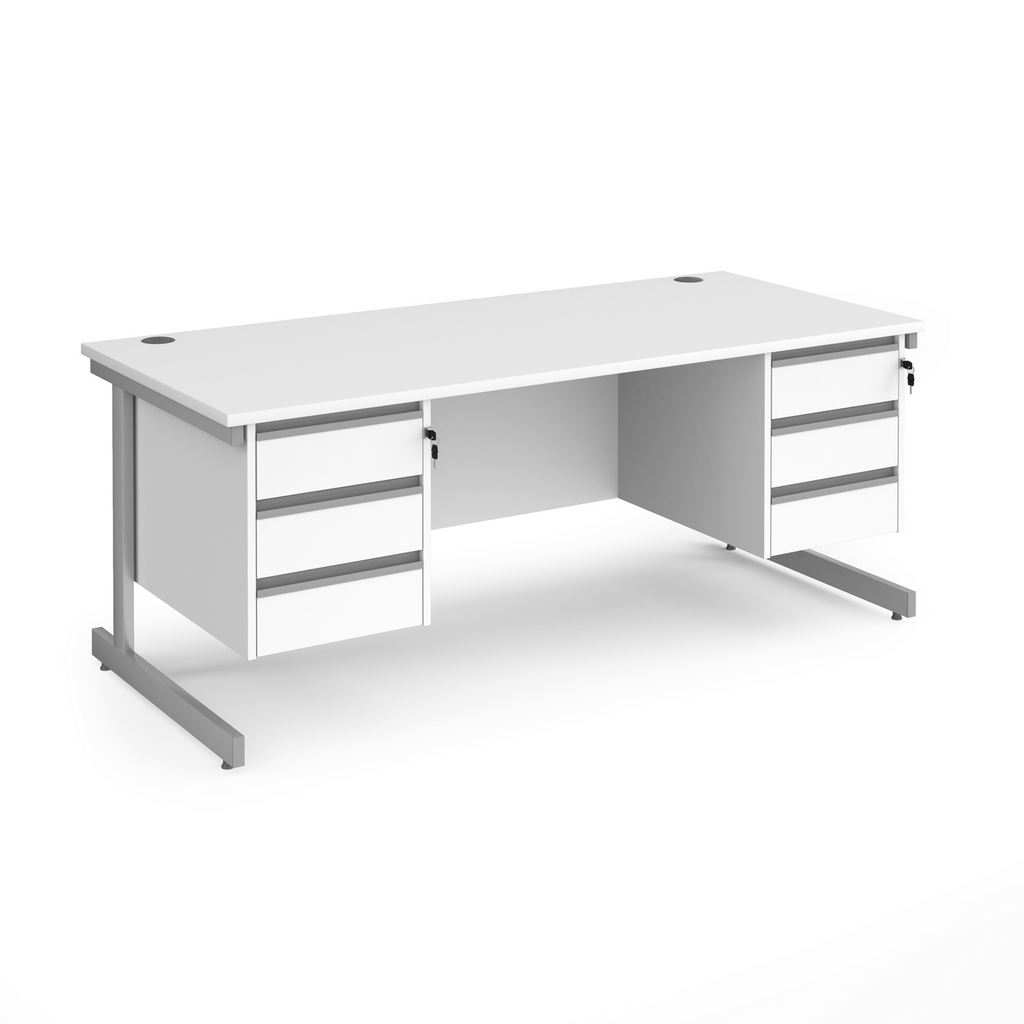 Picture of Contract 25 straight desk with 3 and 3 drawer pedestals and silver cantilever leg 1800mm x 800mm - white top