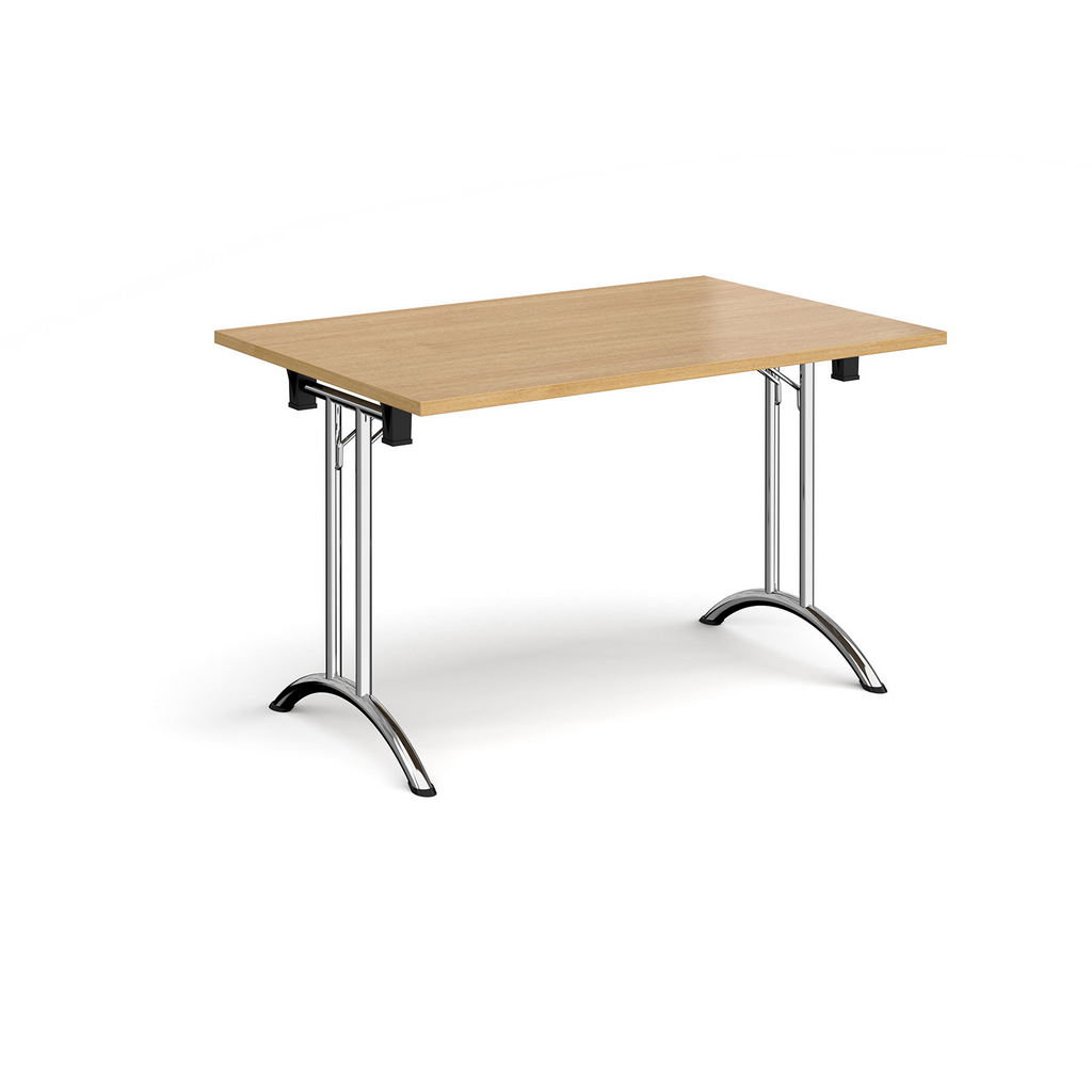 Picture of Rectangular folding leg table with chrome legs and curved foot rails 1200mm x 800mm - oak