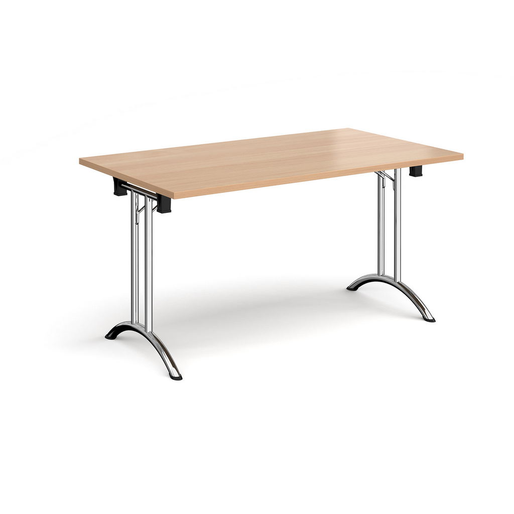 Picture of Rectangular folding leg table with chrome legs and curved foot rails 1400mm x 800mm - beech