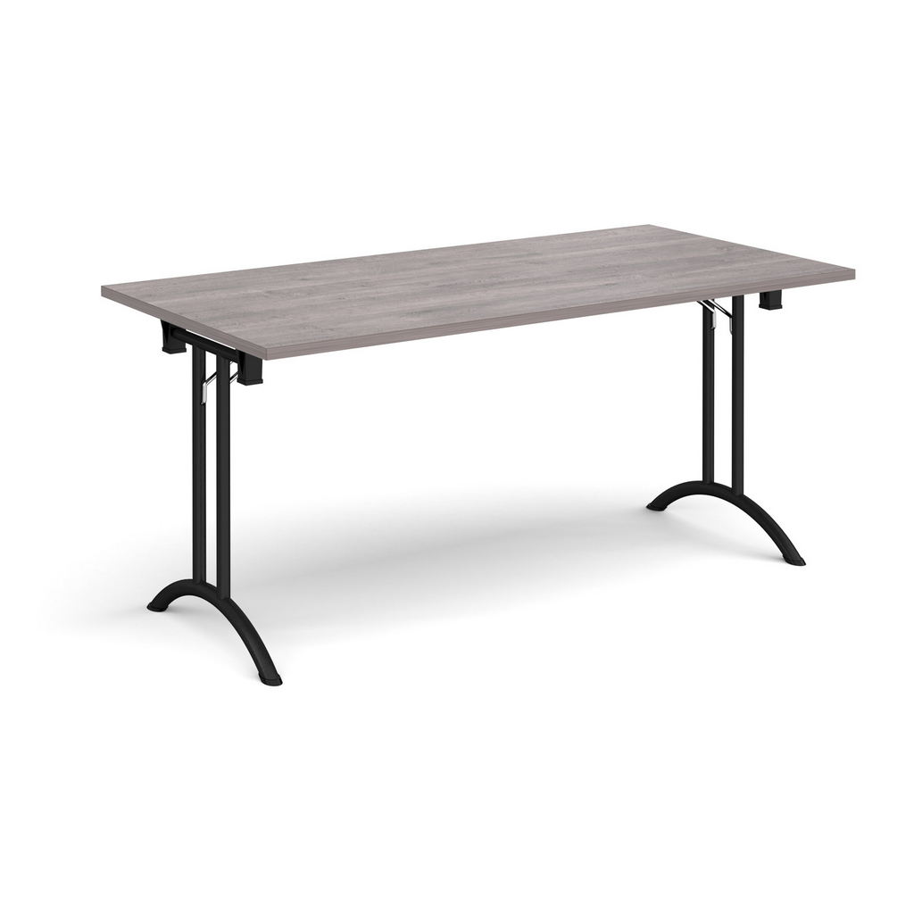 Picture of Rectangular folding leg table with black legs and curved foot rails 1600mm x 800mm - grey oak
