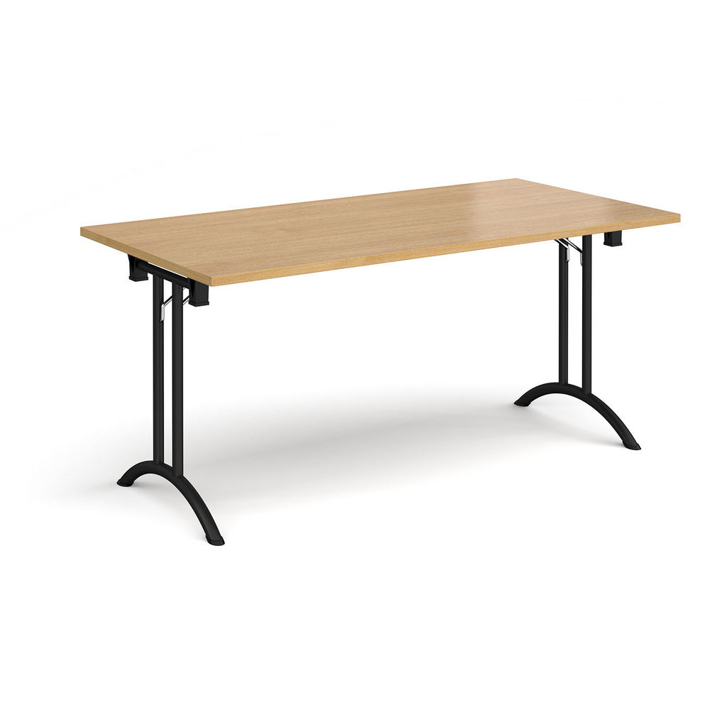 Picture of Rectangular folding leg table with black legs and curved foot rails 1600mm x 800mm - oak