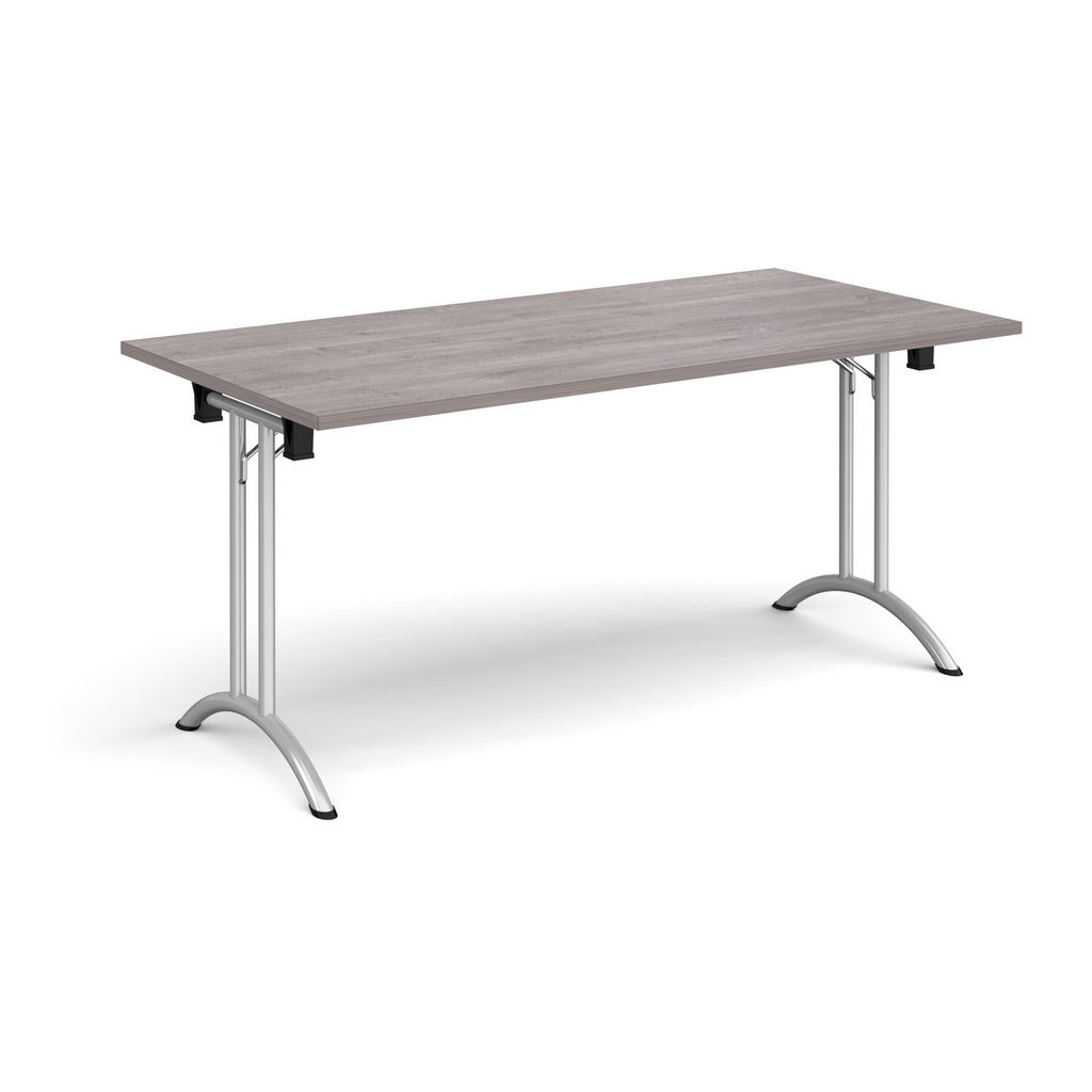 Picture of Rectangular folding leg table with silver legs and curved foot rails 1600mm x 800mm - grey oak