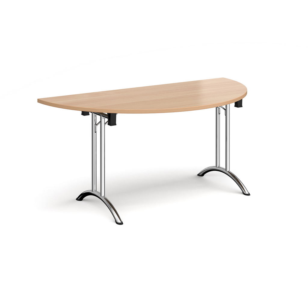 Picture of Semi circular folding leg table with chrome legs and curved foot rails 1600mm x 800mm - beech