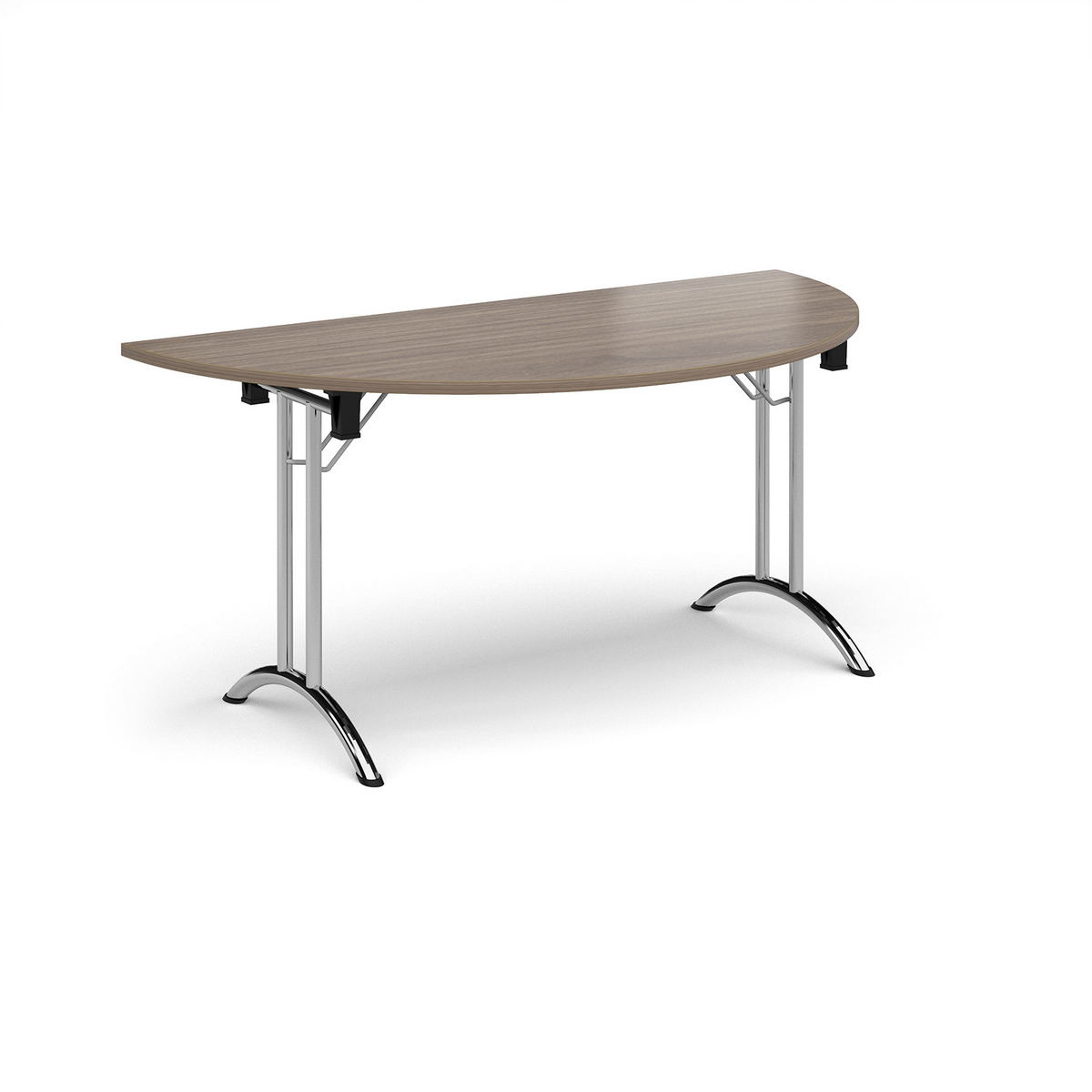 Picture of Semi circular folding leg table with chrome legs and curved foot rails 1600mm x 800mm - Barcelona Walnut