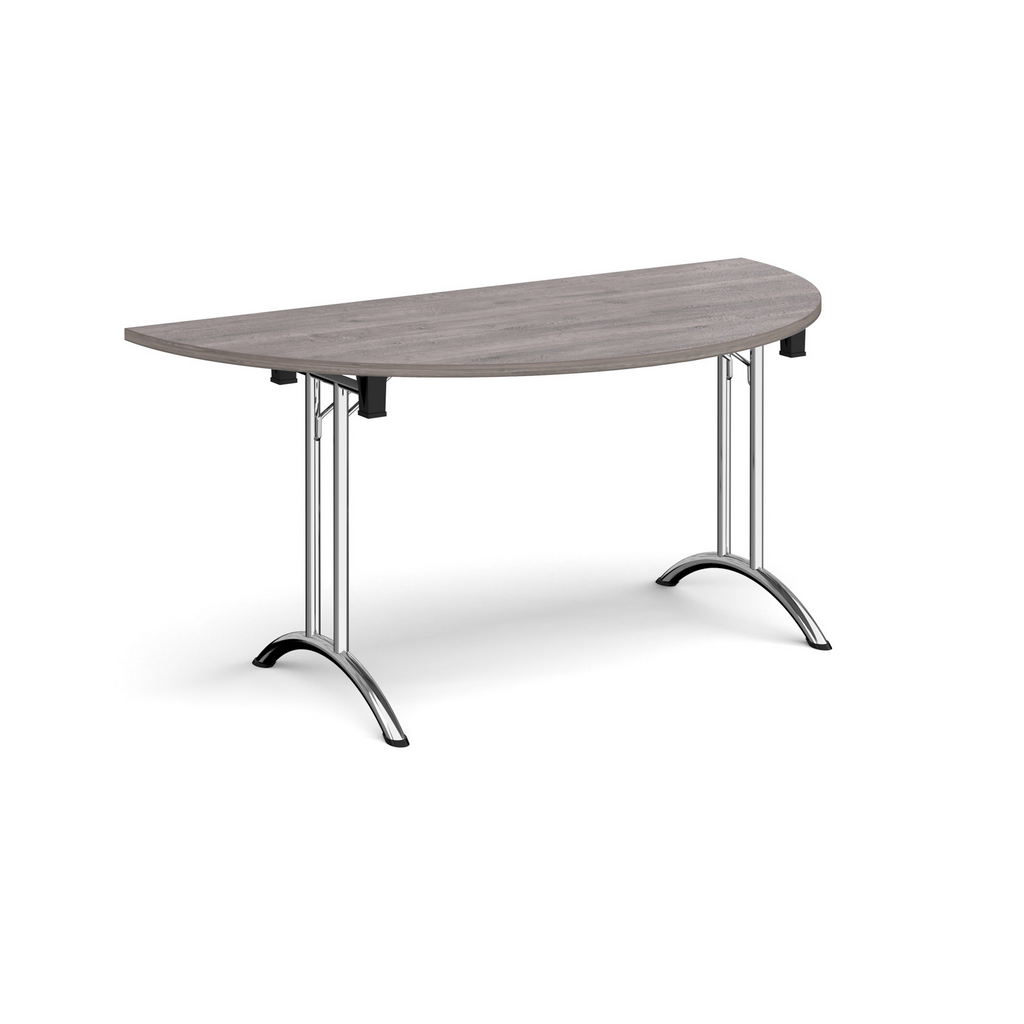 Picture of Semi circular folding leg table with chrome legs and curved foot rails 1600mm x 800mm - grey oak