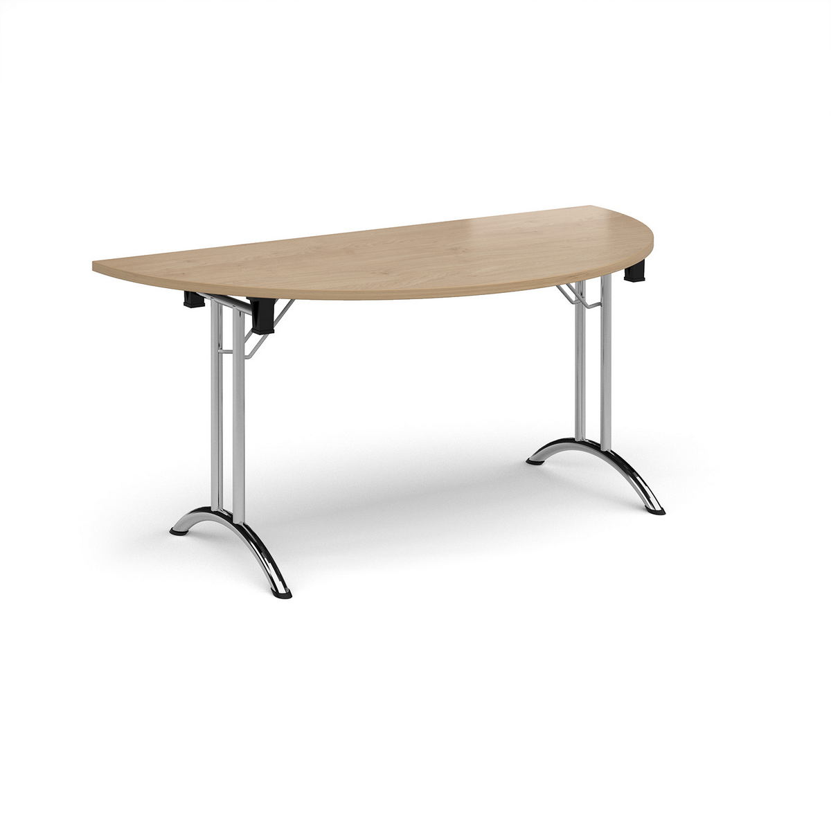 Picture of Semi circular folding leg table with chrome legs and curved foot rails 1600mm x 800mm - Kendal Oak