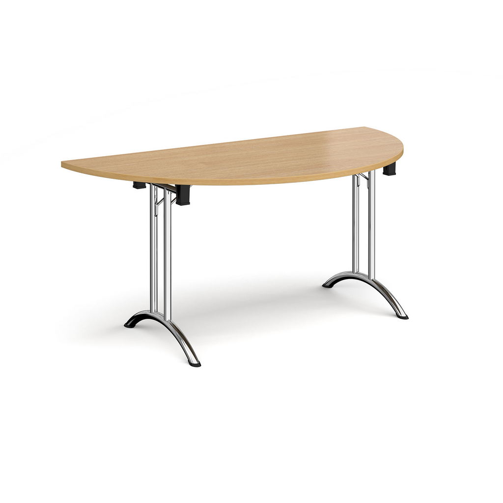 Picture of Semi circular folding leg table with chrome legs and curved foot rails 1600mm x 800mm - oak