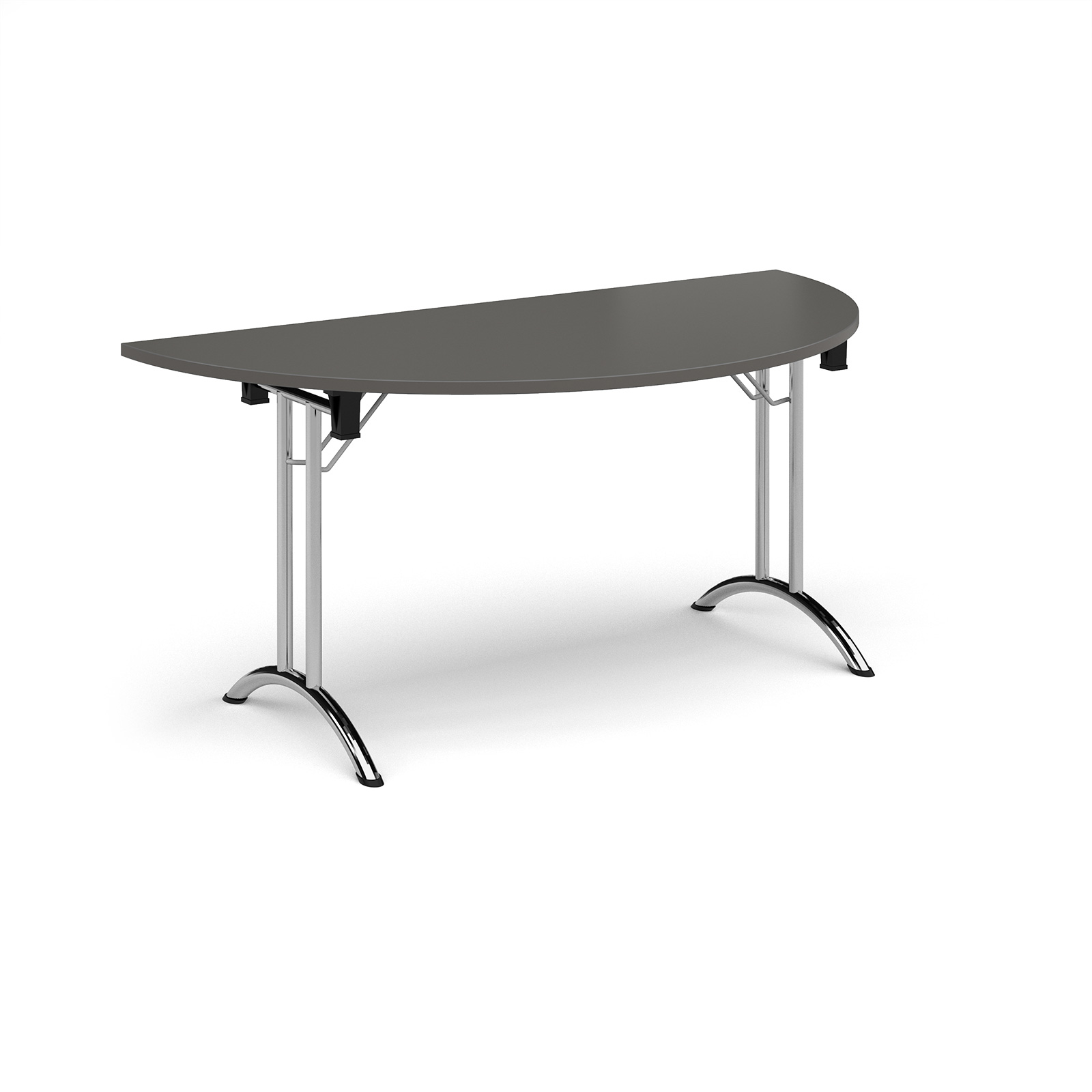 Picture of Semi circular folding leg table with chrome legs and curved foot rails 1600mm x 800mm - Onyx Grey