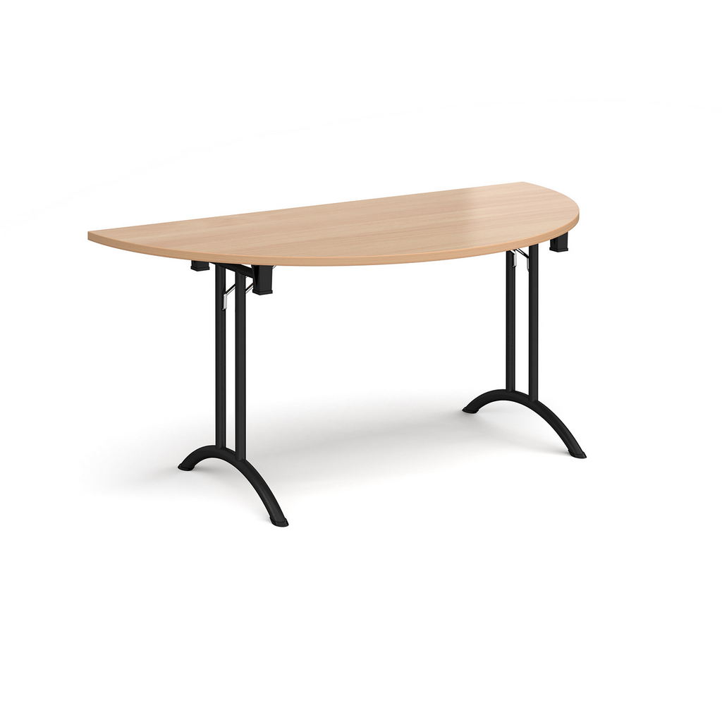 Picture of Semi circular folding leg table with black legs and curved foot rails 1600mm x 800mm - beech