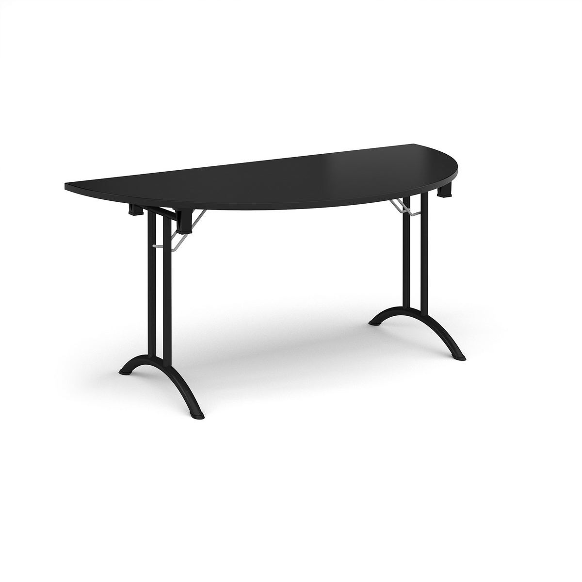 Picture of Semi circular folding leg table with black legs and curved foot rails 1600mm x 800mm - Black