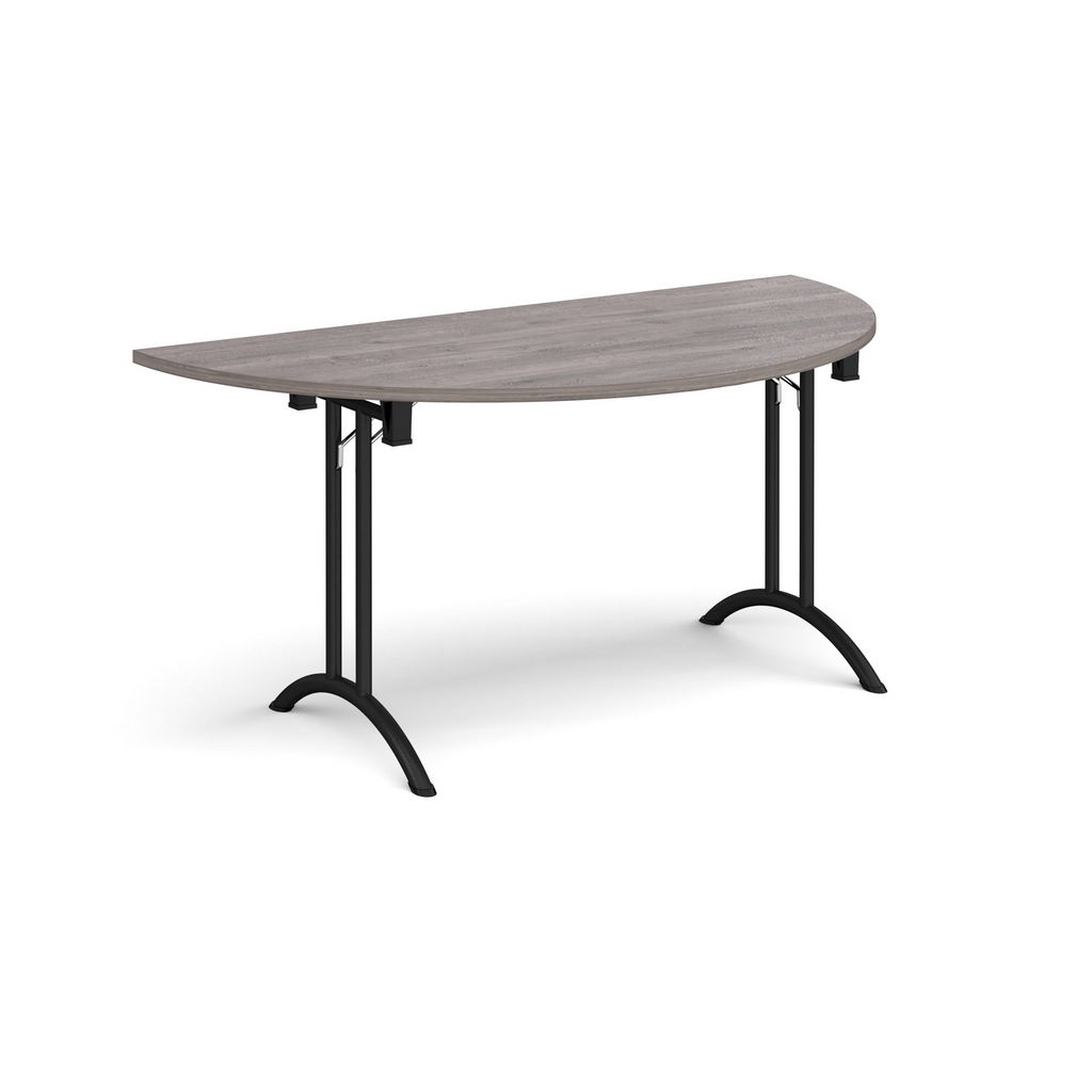 Picture of Semi circular folding leg table with black legs and curved foot rails 1600mm x 800mm - grey oak