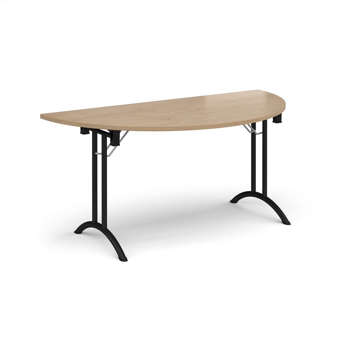 Picture of Semi circular folding leg table with black legs and curved foot rails 1600mm x 800mm - Kendal Oak