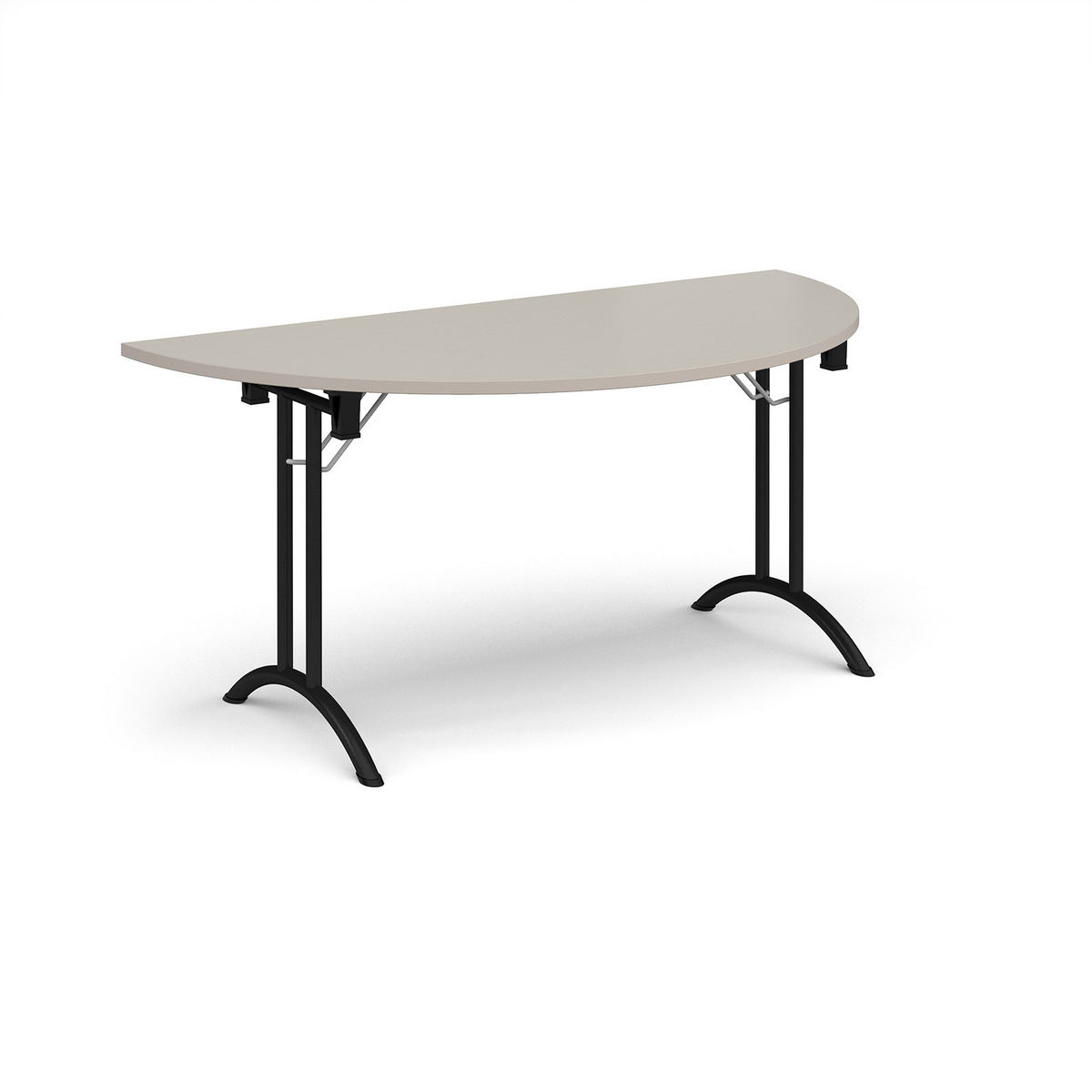 Picture of Semi circular folding leg table with black legs and curved foot rails 1600mm x 800mm - Light Grey