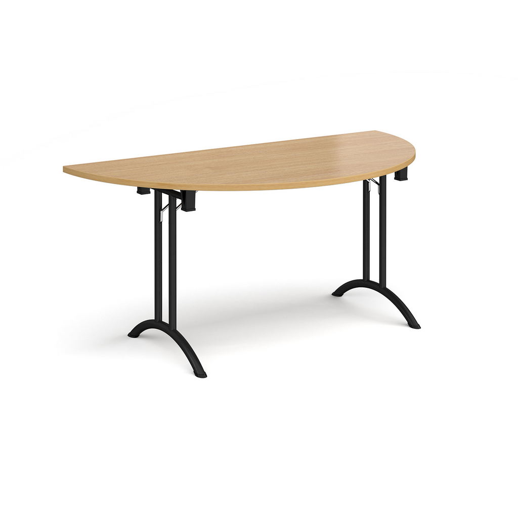 Picture of Semi circular folding leg table with black legs and curved foot rails 1600mm x 800mm - oak