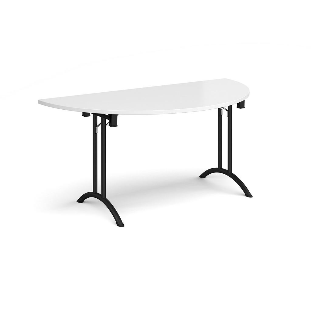 Picture of Semi circular folding leg table with black legs and curved foot rails 1600mm x 800mm - white