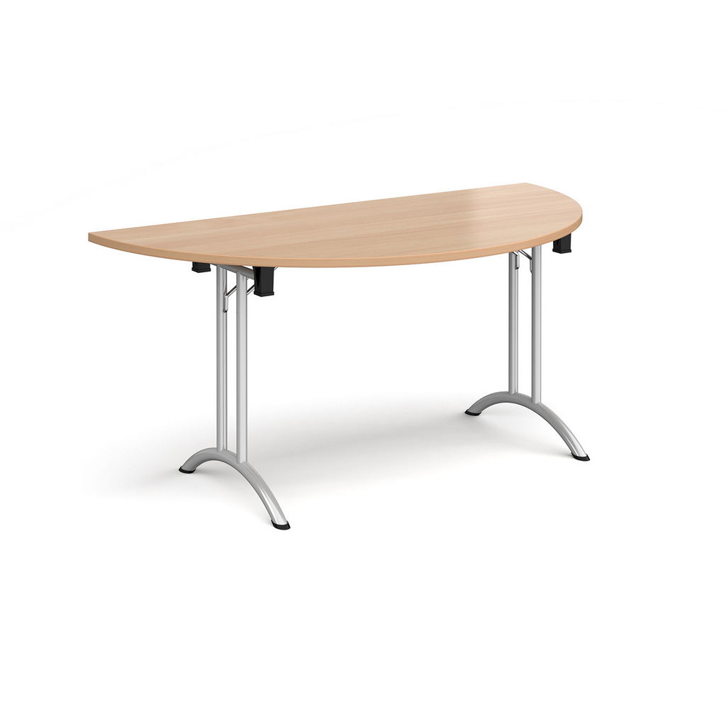 Picture of Semi circular folding leg table with silver legs and curved foot rails 1600mm x 800mm - beech