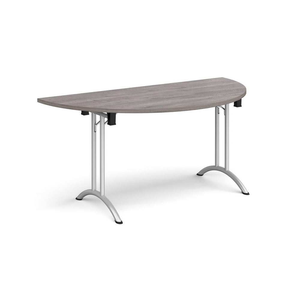 Picture of Semi circular folding leg table with silver legs and curved foot rails 1600mm x 800mm - grey oak