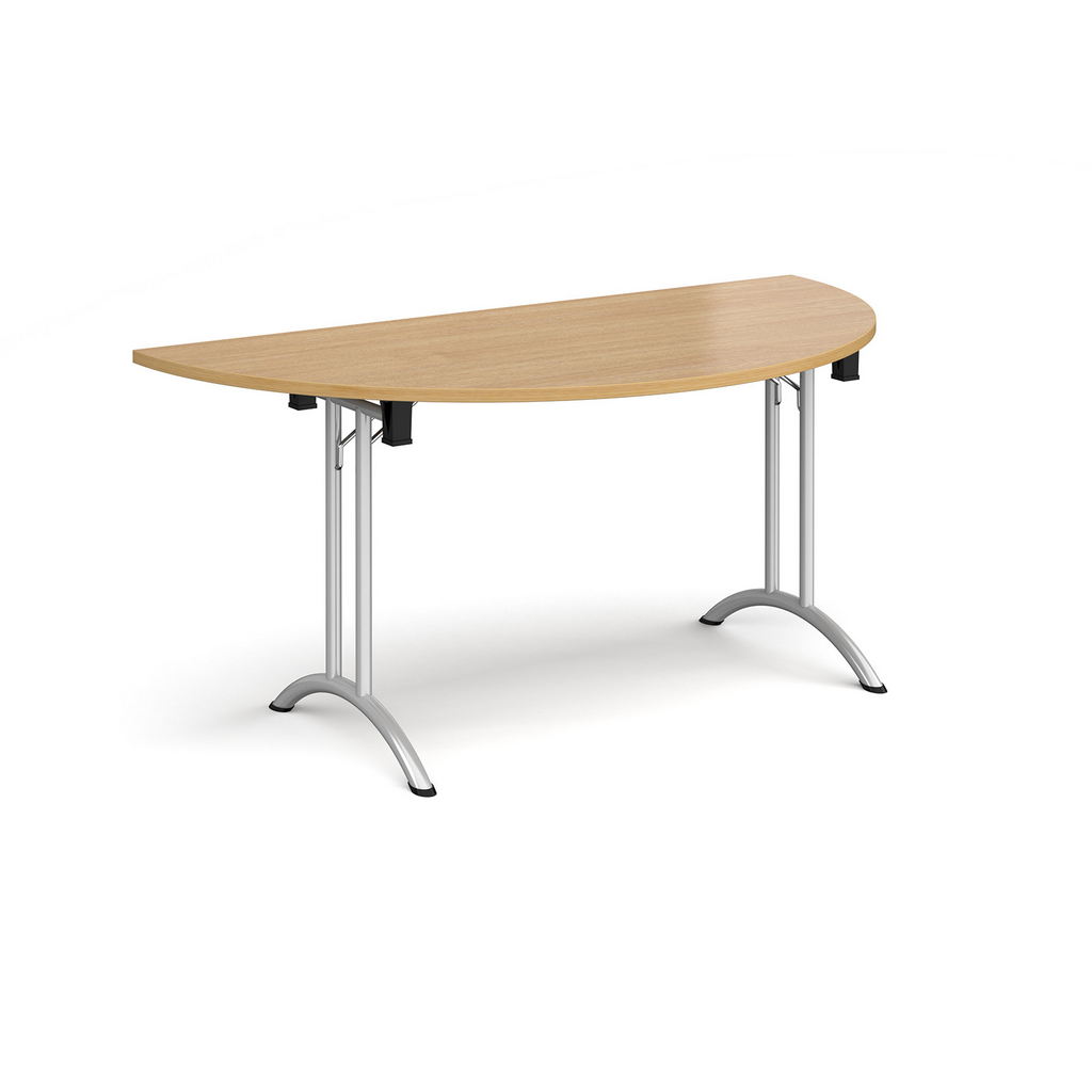 Picture of Semi circular folding leg table with silver legs and curved foot rails 1600mm x 800mm - oak
