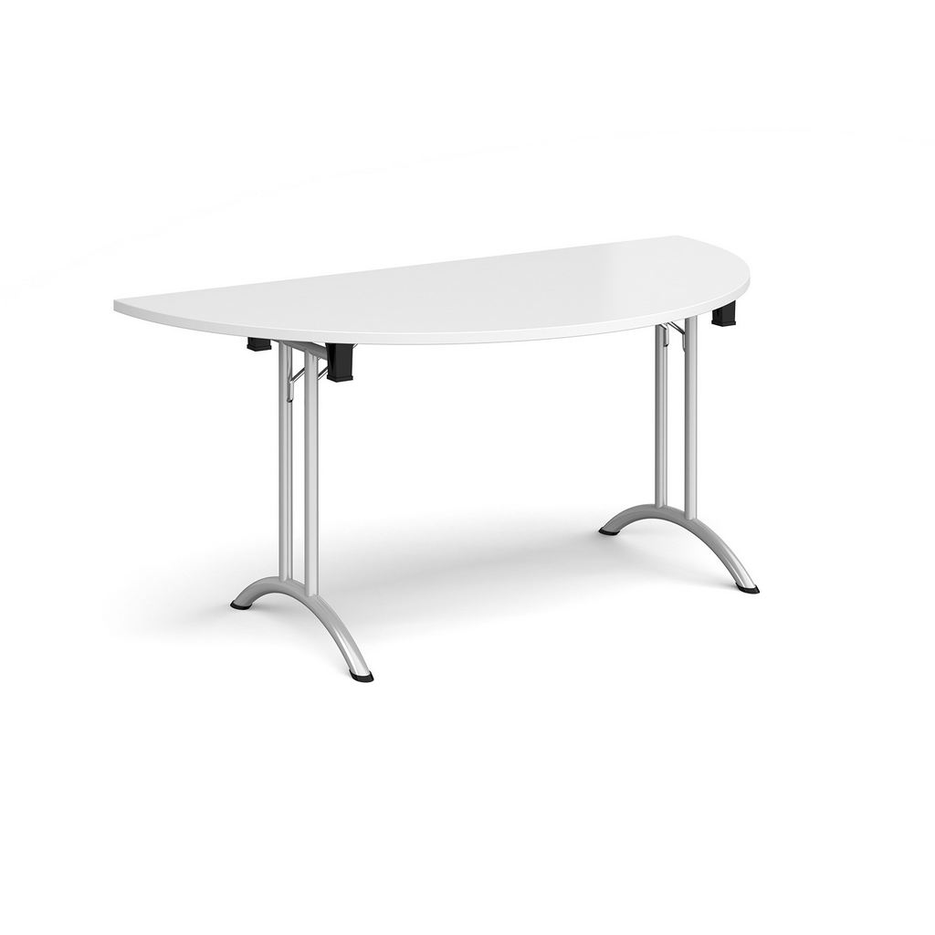 Picture of Semi circular folding leg table with silver legs and curved foot rails 1600mm x 800mm - white