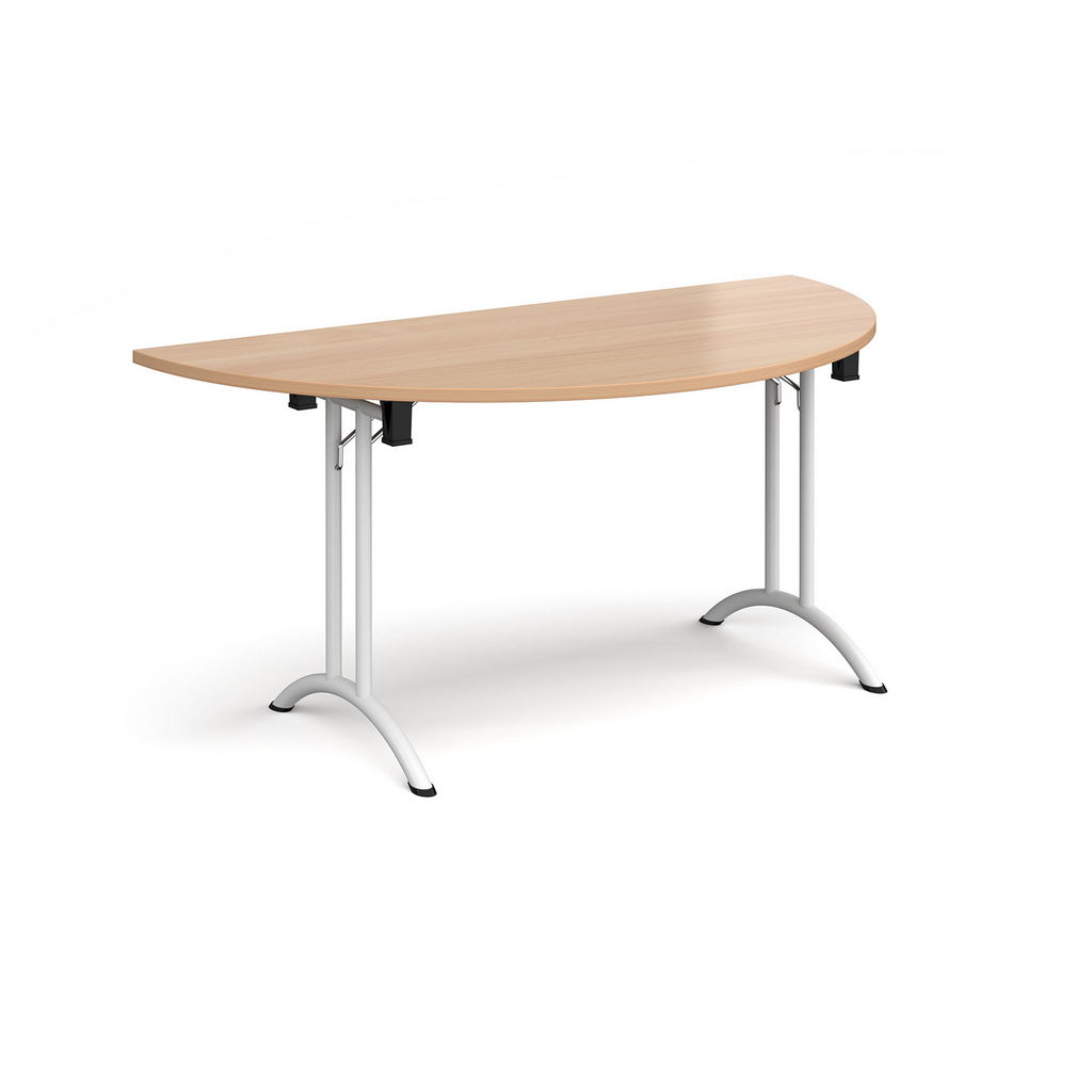 Picture of Semi circular folding leg table with white legs and curved foot rails 1600mm x 800mm - beech