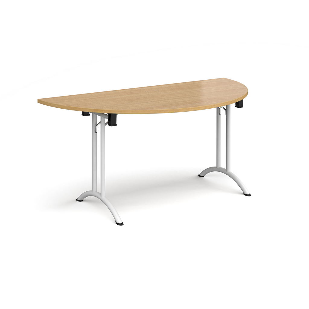 Picture of Semi circular folding leg table with white legs and curved foot rails 1600mm x 800mm - oak