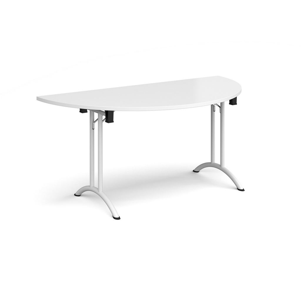 Picture of Semi circular folding leg table with white legs and curved foot rails 1600mm x 800mm - white