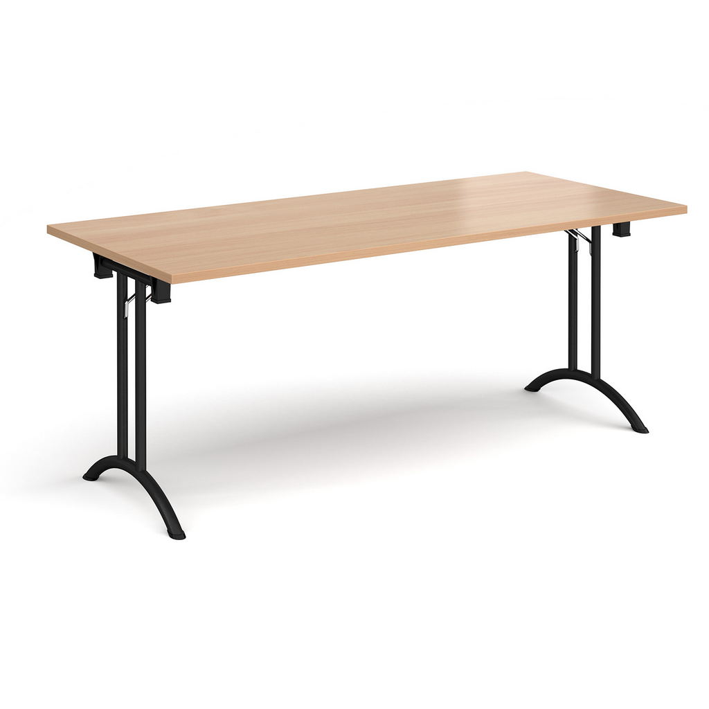Picture of Rectangular folding leg table with black legs and curved foot rails 1800mm x 800mm - beech