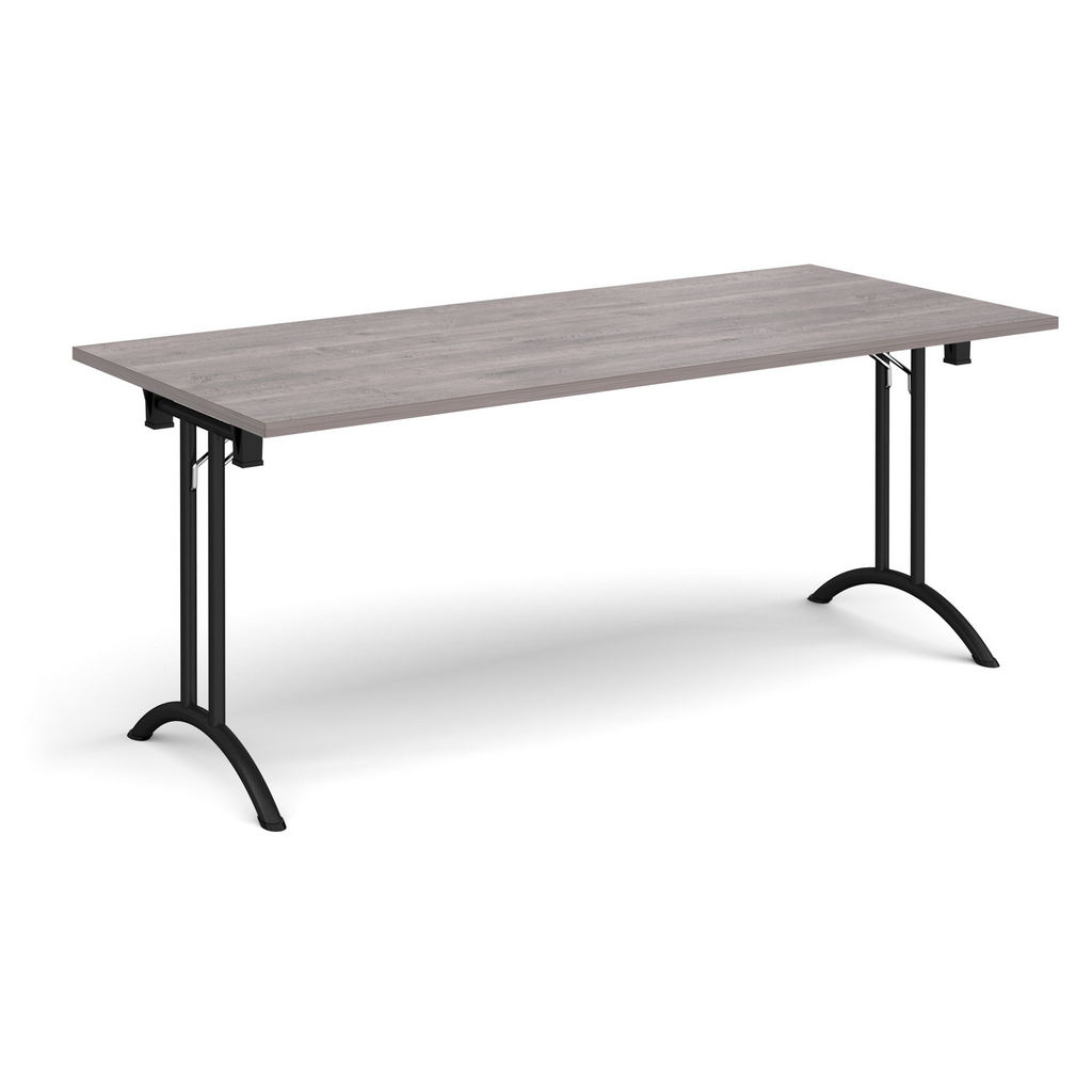 Picture of Rectangular folding leg table with black legs and curved foot rails 1800mm x 800mm - grey oak