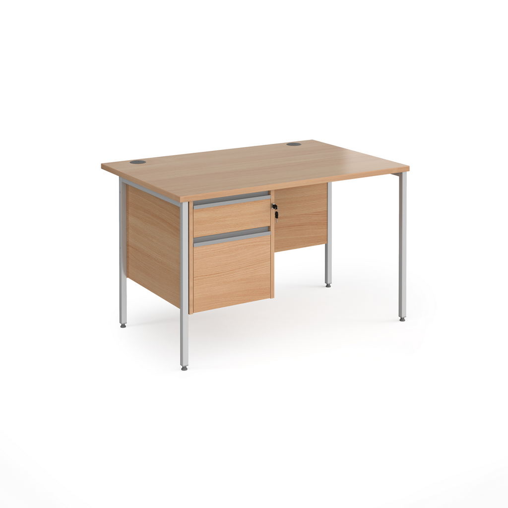 Picture of Contract 25 straight desk with 2 drawer pedestal and silver H-Frame leg 1200mm x 800mm - beech top