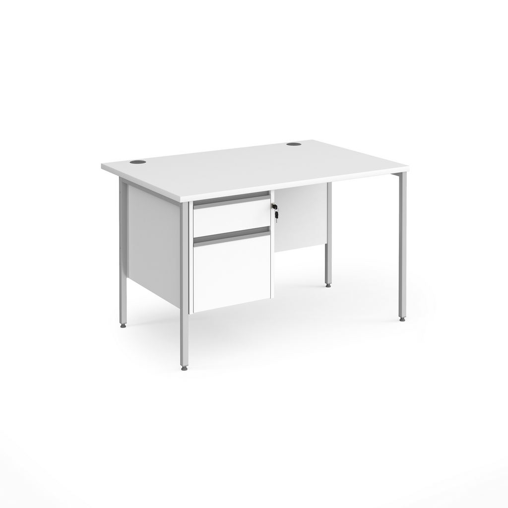 Picture of Contract 25 straight desk with 2 drawer pedestal and silver H-Frame leg 1200mm x 800mm - white top