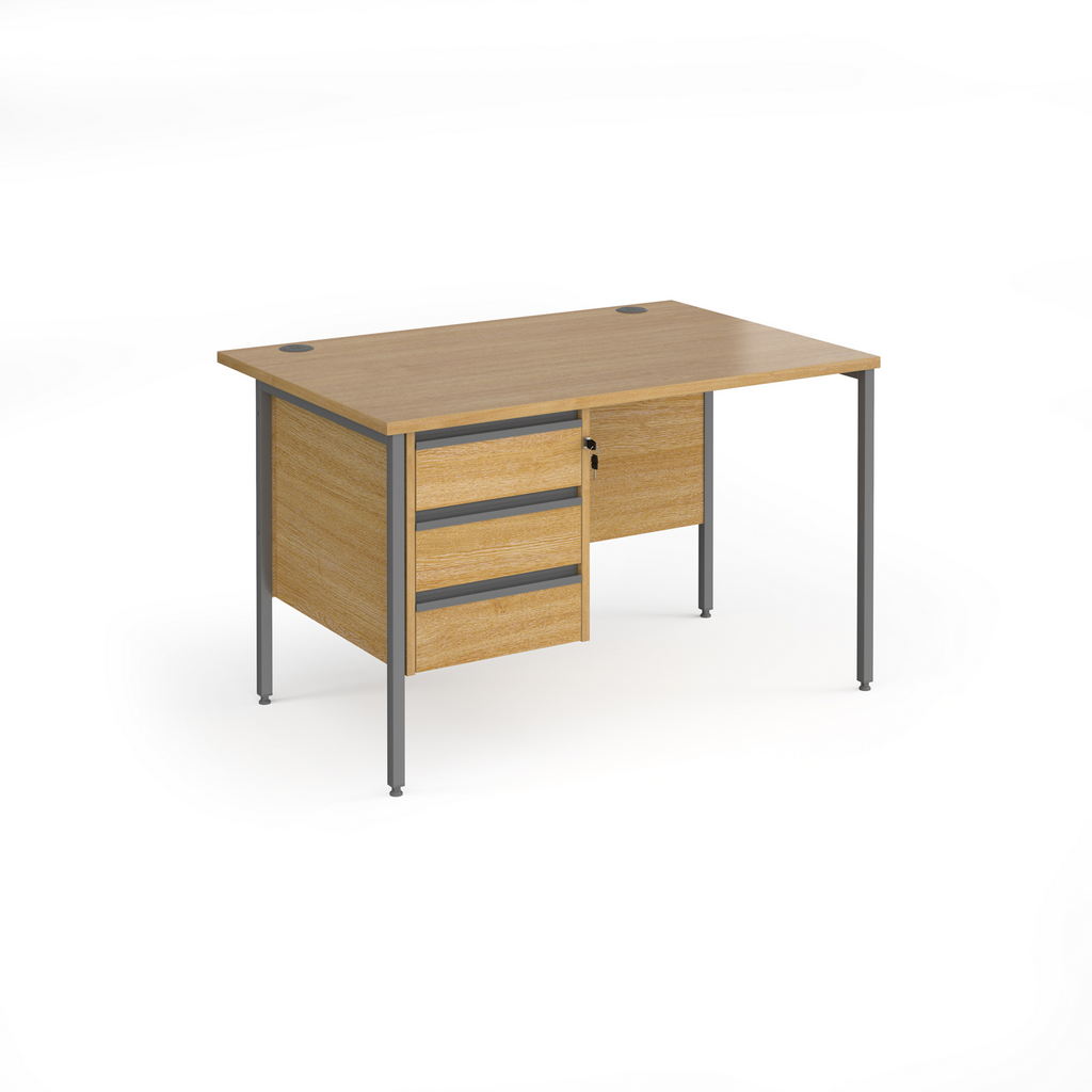 Picture of Contract 25 straight desk with 3 drawer pedestal and graphite H-Frame leg 1200mm x 800mm - oak top