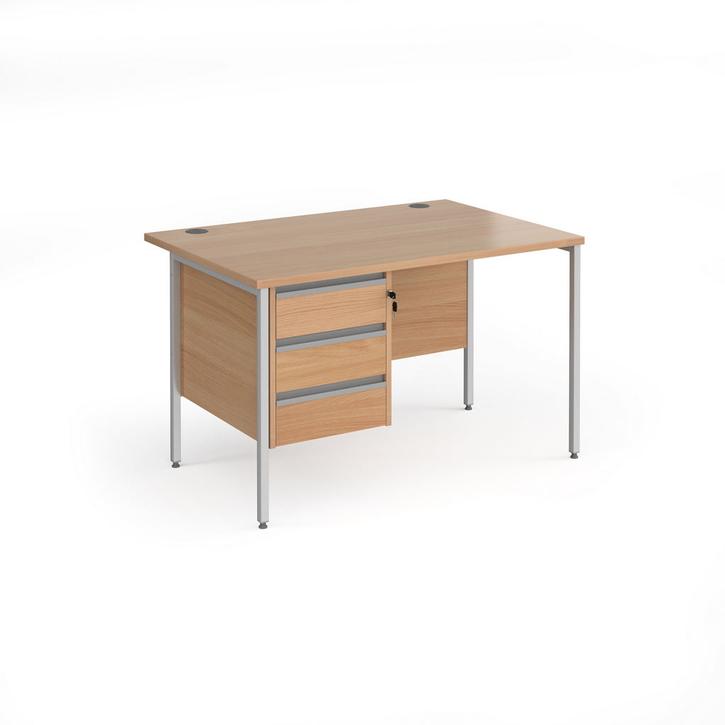 Picture of Contract 25 straight desk with 3 drawer pedestal and silver H-Frame leg 1200mm x 800mm - beech top