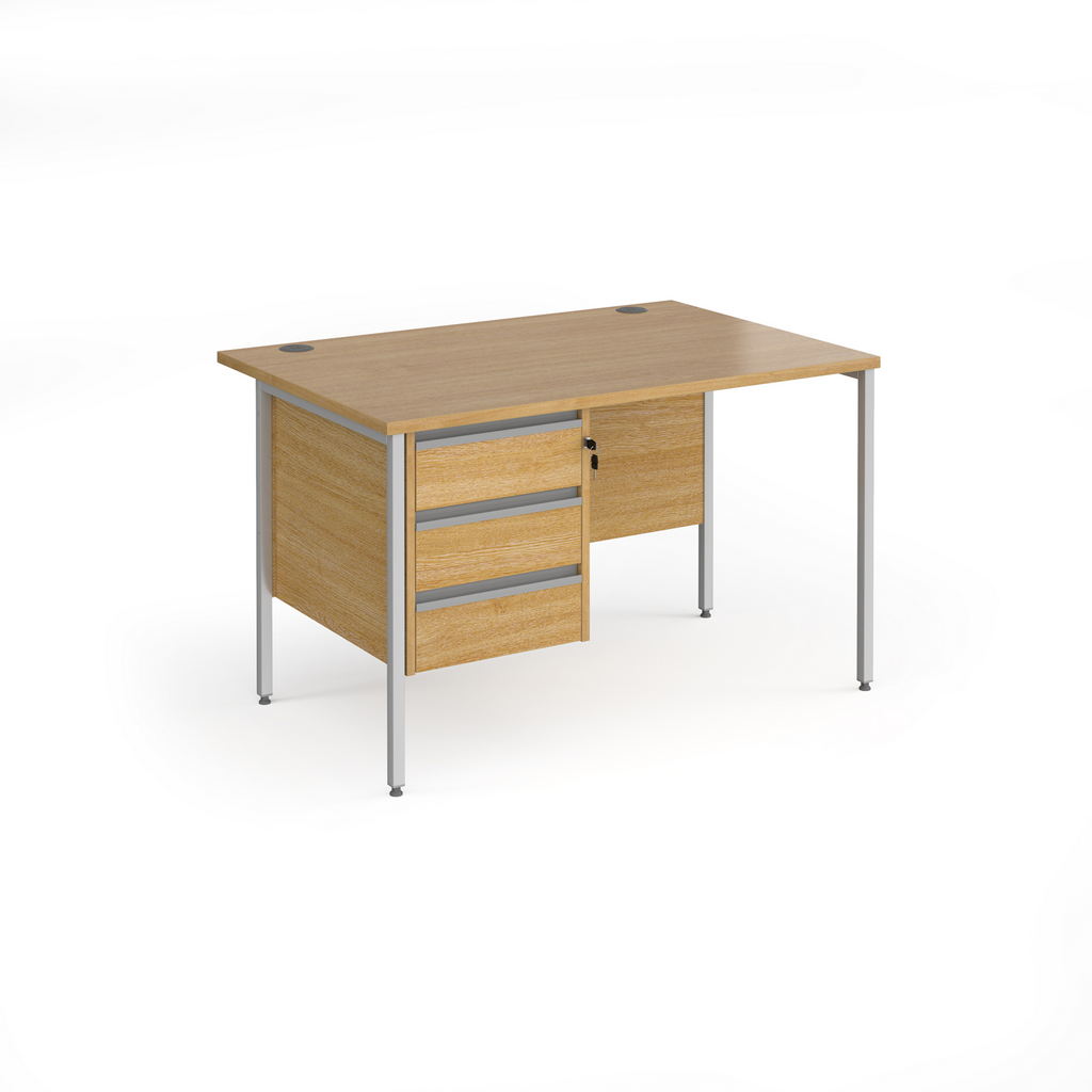 Picture of Contract 25 straight desk with 3 drawer pedestal and silver H-Frame leg 1200mm x 800mm - oak top