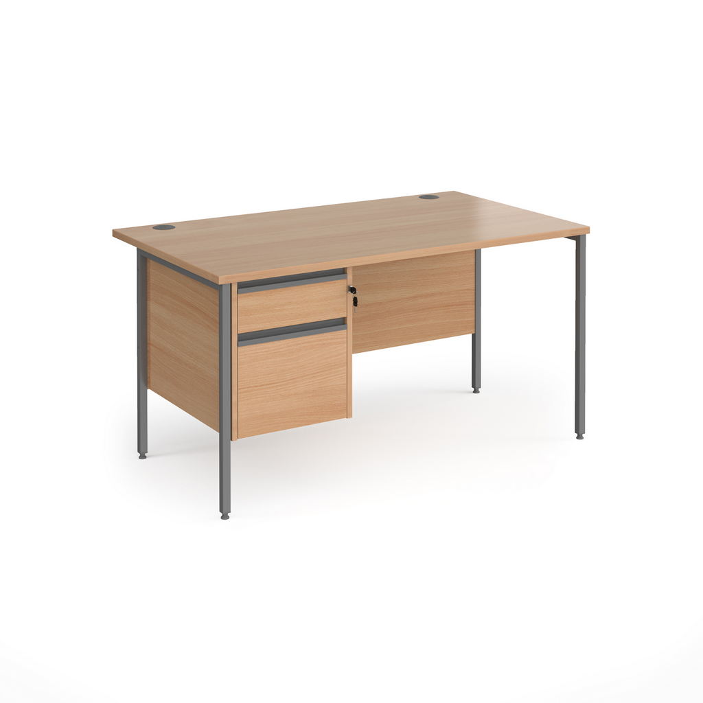 Picture of Contract 25 straight desk with 2 drawer pedestal and graphite H-Frame leg 1400mm x 800mm - beech top