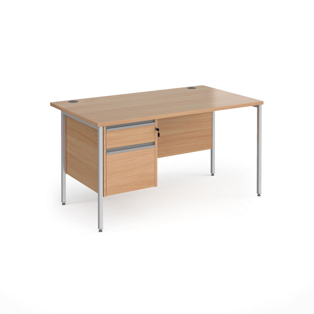 Picture of Contract 25 straight desk with 2 drawer pedestal and silver H-Frame leg 1400mm x 800mm - beech top