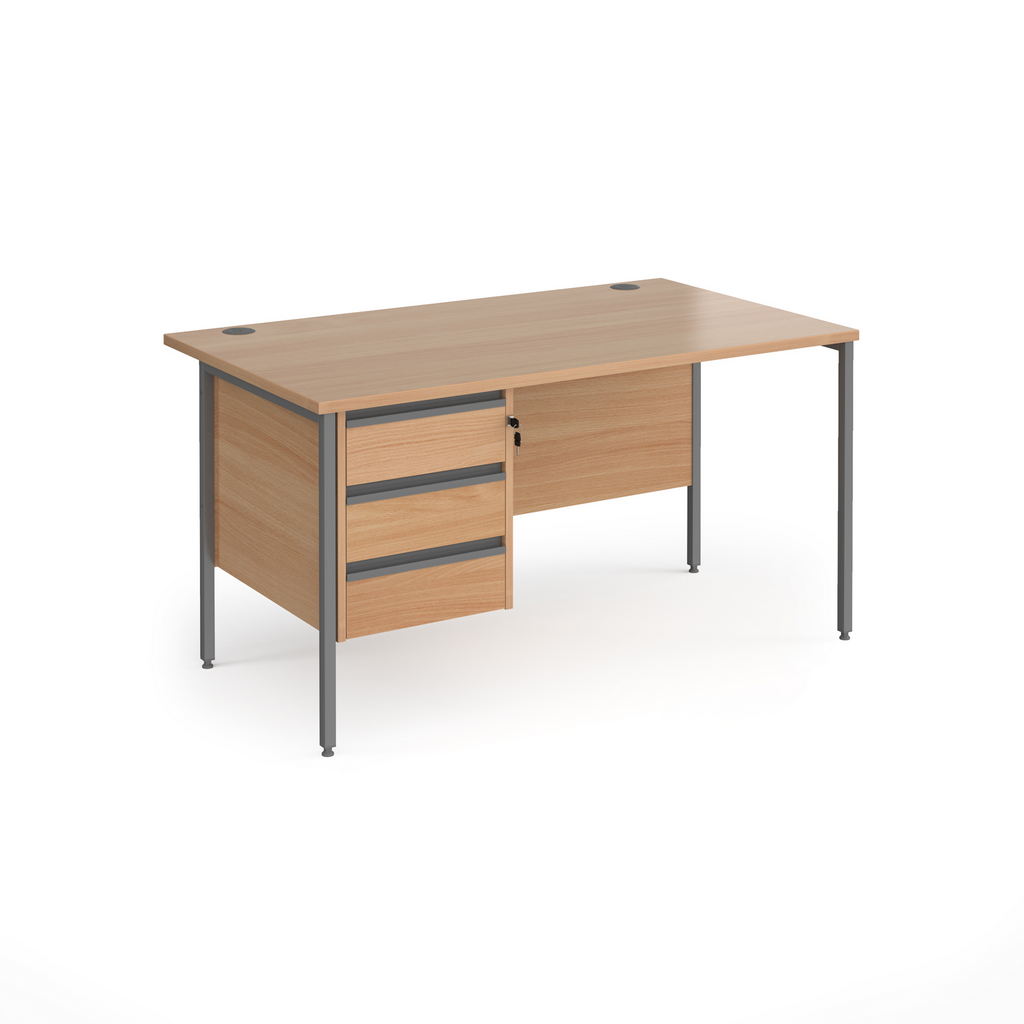 Picture of Contract 25 straight desk with 3 drawer pedestal and graphite H-Frame leg 1400mm x 800mm - beech top