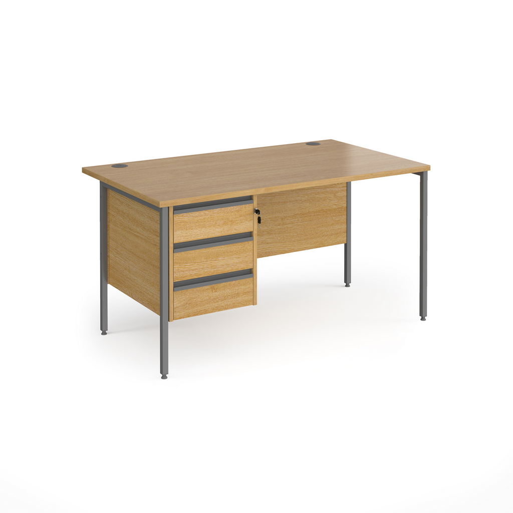 Picture of Contract 25 straight desk with 3 drawer pedestal and graphite H-Frame leg 1400mm x 800mm - oak top