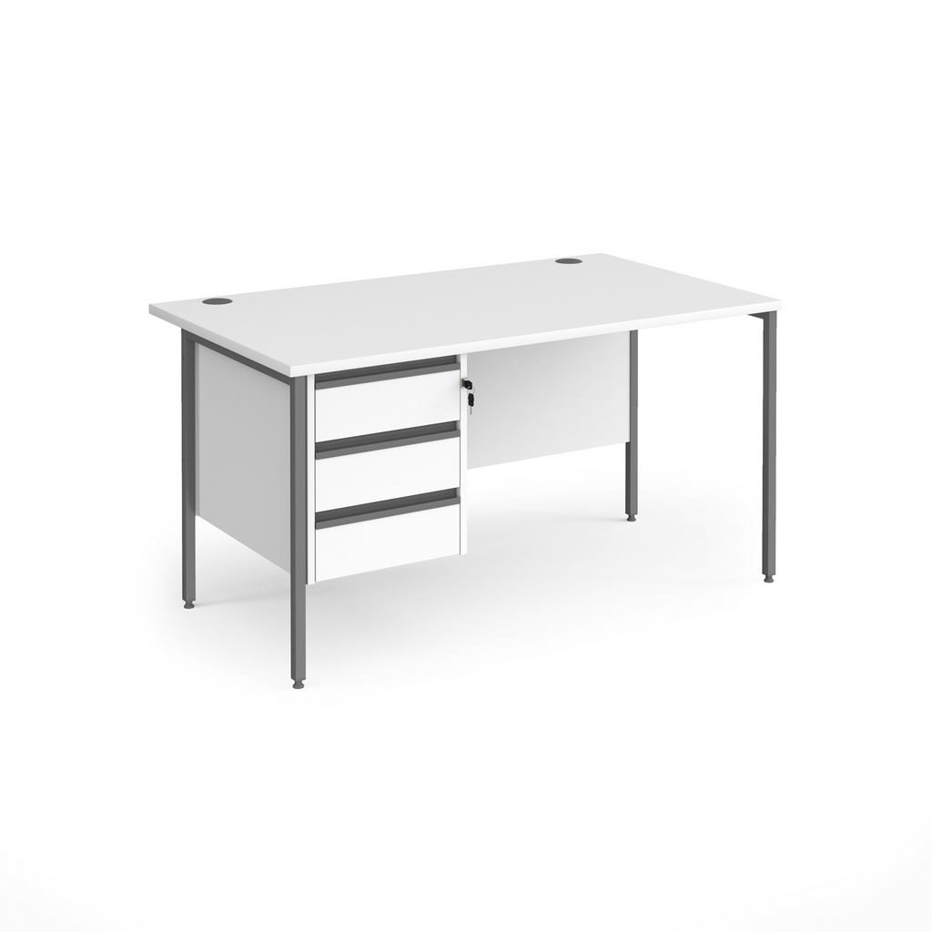 Picture of Contract 25 straight desk with 3 drawer pedestal and graphite H-Frame leg 1400mm x 800mm - white top