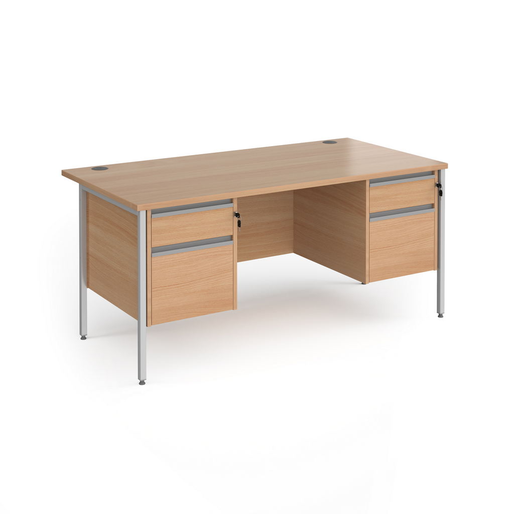 Picture of Contract 25 straight desk with 2 and 2 drawer pedestals and silver H-Frame leg 1600mm x 800mm - beech top