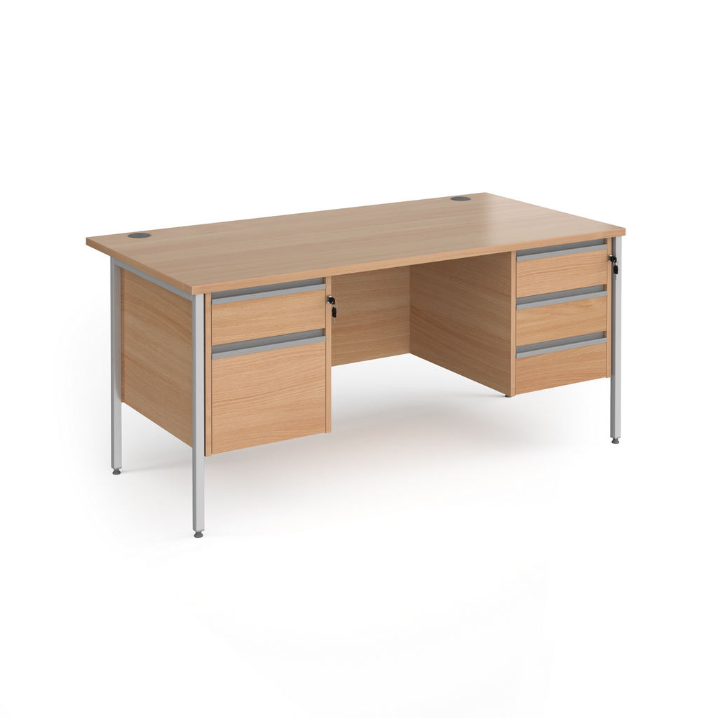 Picture of Contract 25 straight desk with 2 and 3 drawer pedestals and silver H-Frame leg 1600mm x 800mm - beech top