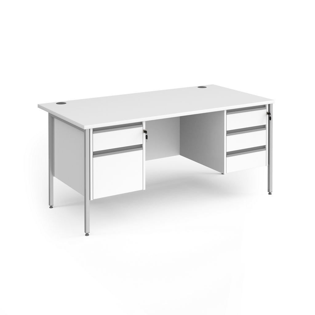 Picture of Contract 25 straight desk with 2 and 3 drawer pedestals and silver H-Frame leg 1600mm x 800mm - white top