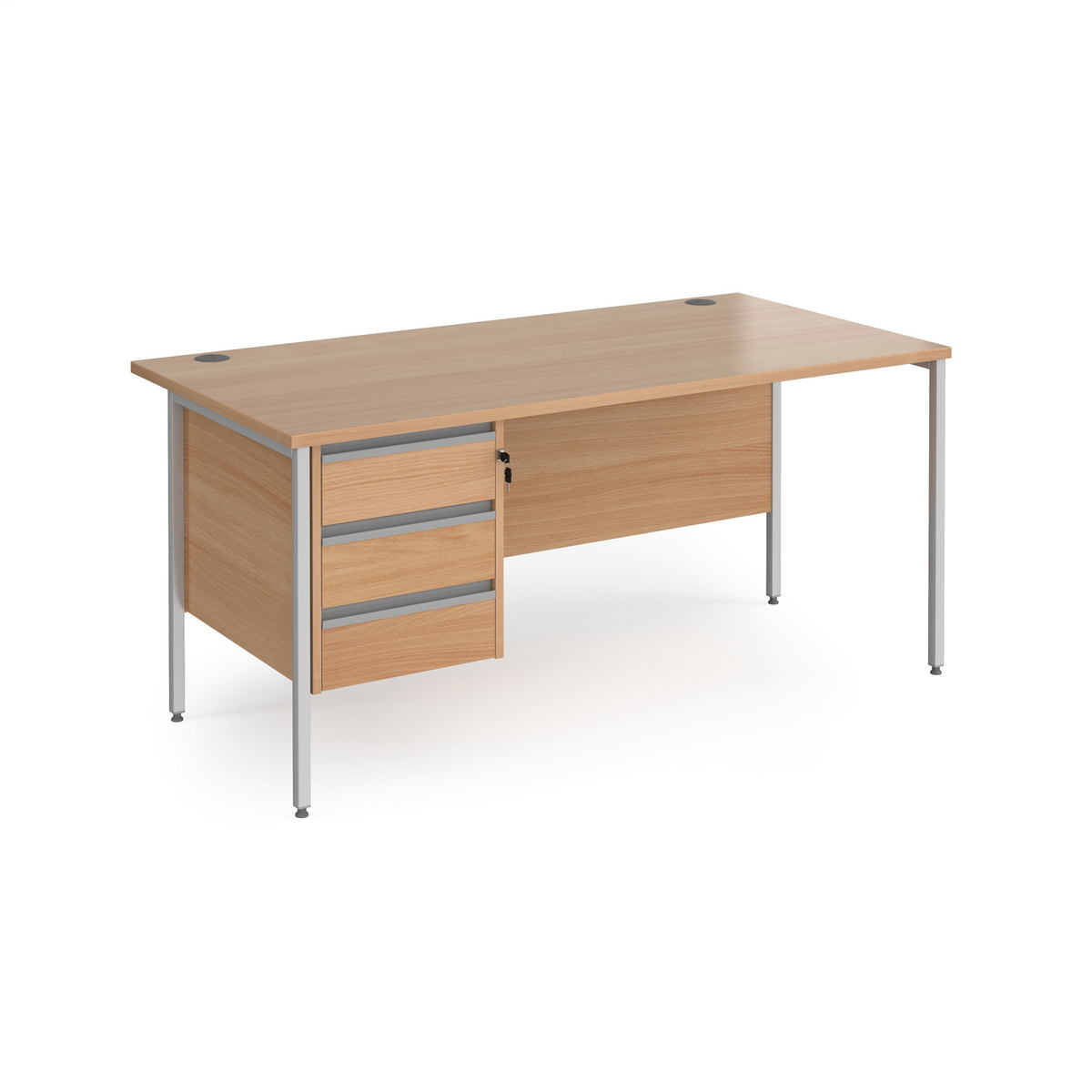 Picture of Contract 25 straight desk with 3 drawer pedestal and silver H-Frame leg 1600mm x 800mm - beech top