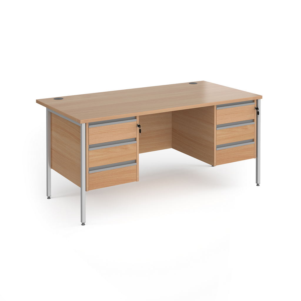 Picture of Contract 25 straight desk with 3 and 3 drawer pedestals and silver H-Frame leg 1600mm x 800mm - beech top