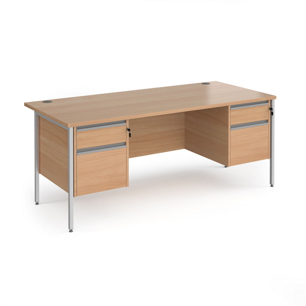 Picture of Contract 25 straight desk with 2 and 2 drawer pedestals and silver H-Frame leg 1800mm x 800mm - beech top