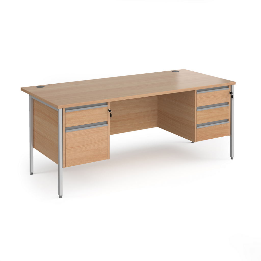 Picture of Contract 25 straight desk with 2 and 3 drawer pedestals and silver H-Frame leg 1800mm x 800mm - beech top