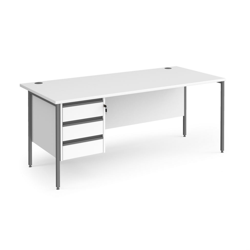 Picture of Contract 25 straight desk with 3 drawer pedestal and graphite H-Frame leg 1800mm x 800mm - white top